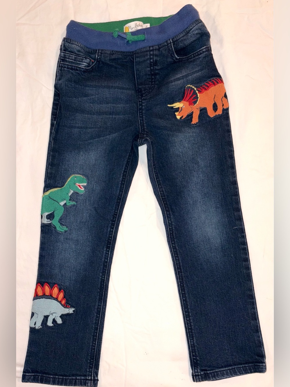 Mini Boden Denim Pants with Dinosaur Appliques drawstring waist sz 5 EUC